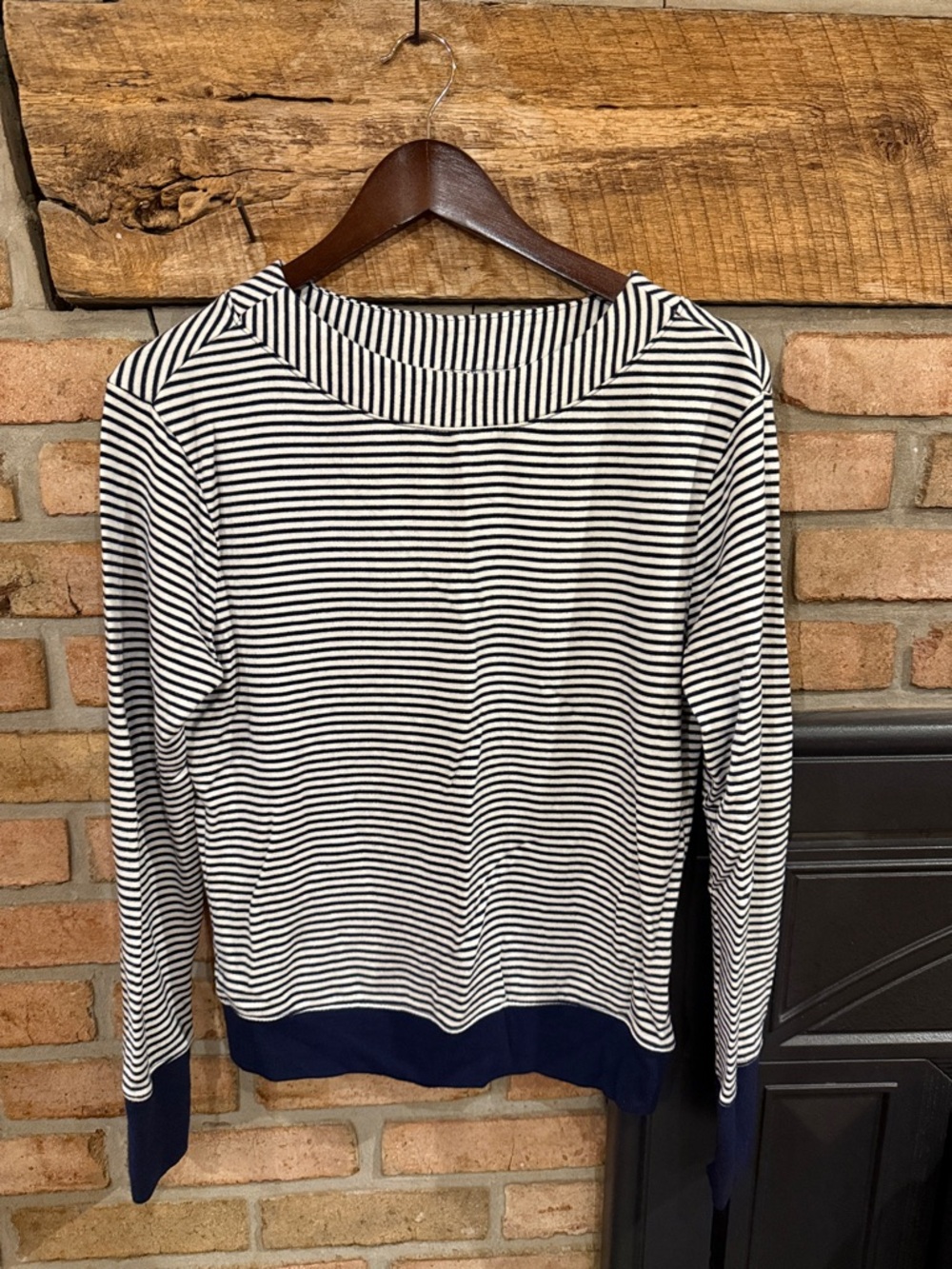 Athleta Navy and White Striped Crewneck Sweater